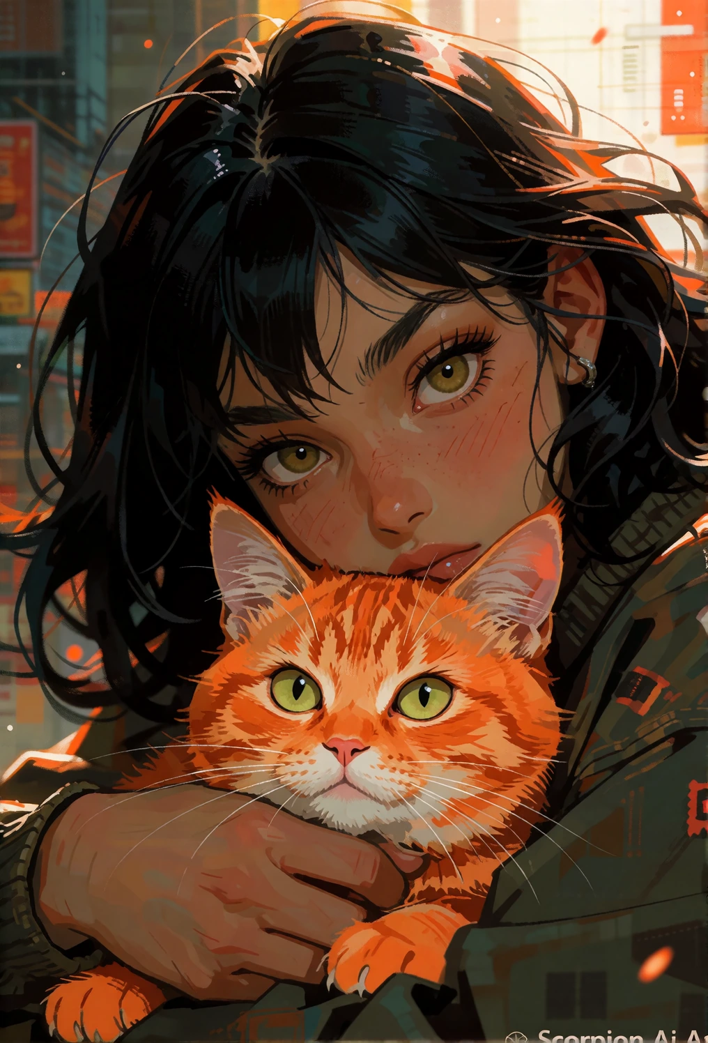 A bombshell dark hair woman with an orange cat. Adorable cuddled together. beautiful chaos art style. Add Signature: Scorpion Ai Art