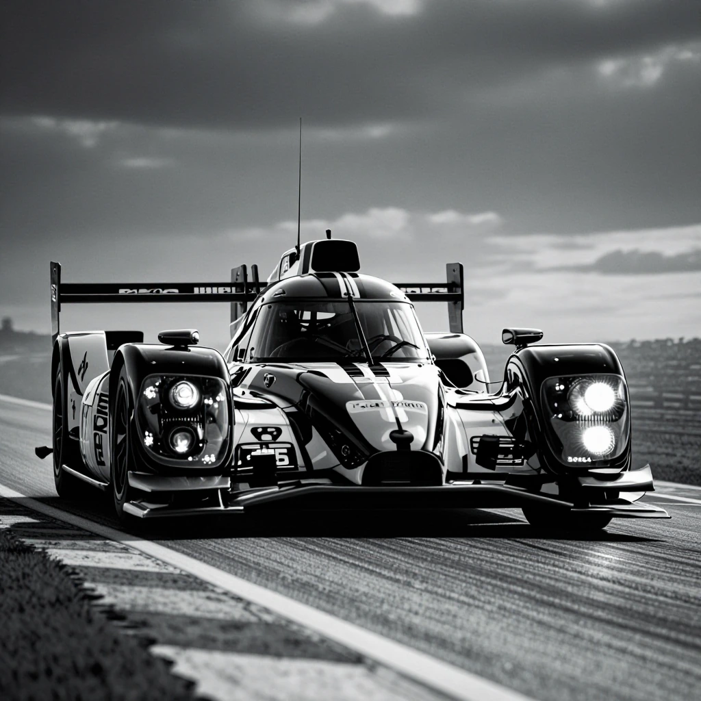 Black and white striped Le Mans car on the track black and white photo