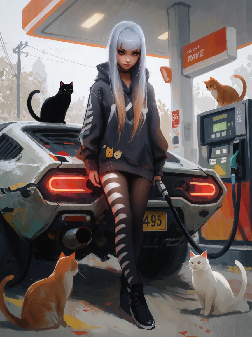 woman platinum silver brown ombre hair, dystopian style, oversided hoodie and stiped leggings, futuristic car, at a gas station with cats