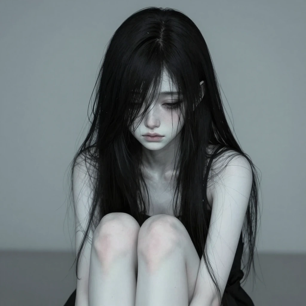 (Television background, sadako, grey skin, white pale skin, black long hair, hair over eyes, knees up), UHD, 8k, F2.5, soft lighting, amazing shading,
