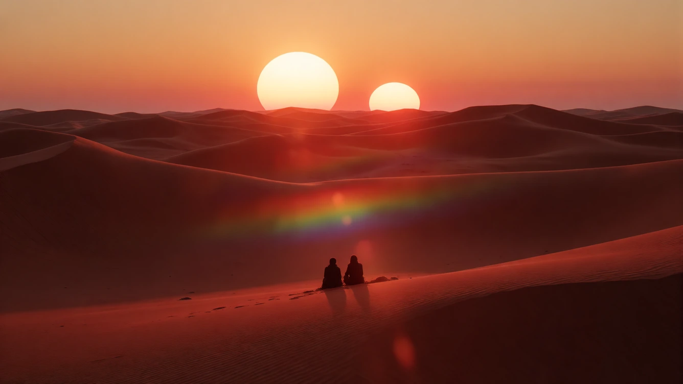 Two small silhouetted figures sitting together on vast red alien sand dunes, looking up at two large setting suns on the horizon, heat haze shimmering around them, sense of intimate solitude and peaceful isolation, cinematic wide shot, warm orange an