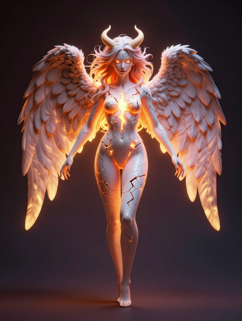 Create an interactive full-body 3D-model of a **beautiful, visually-stunning Angel transforming into a demon** bathed in **glowing, pulsating, warm heavenly light transitioning into an ominous, malevolent, demonic light **. The angel has beautiful po