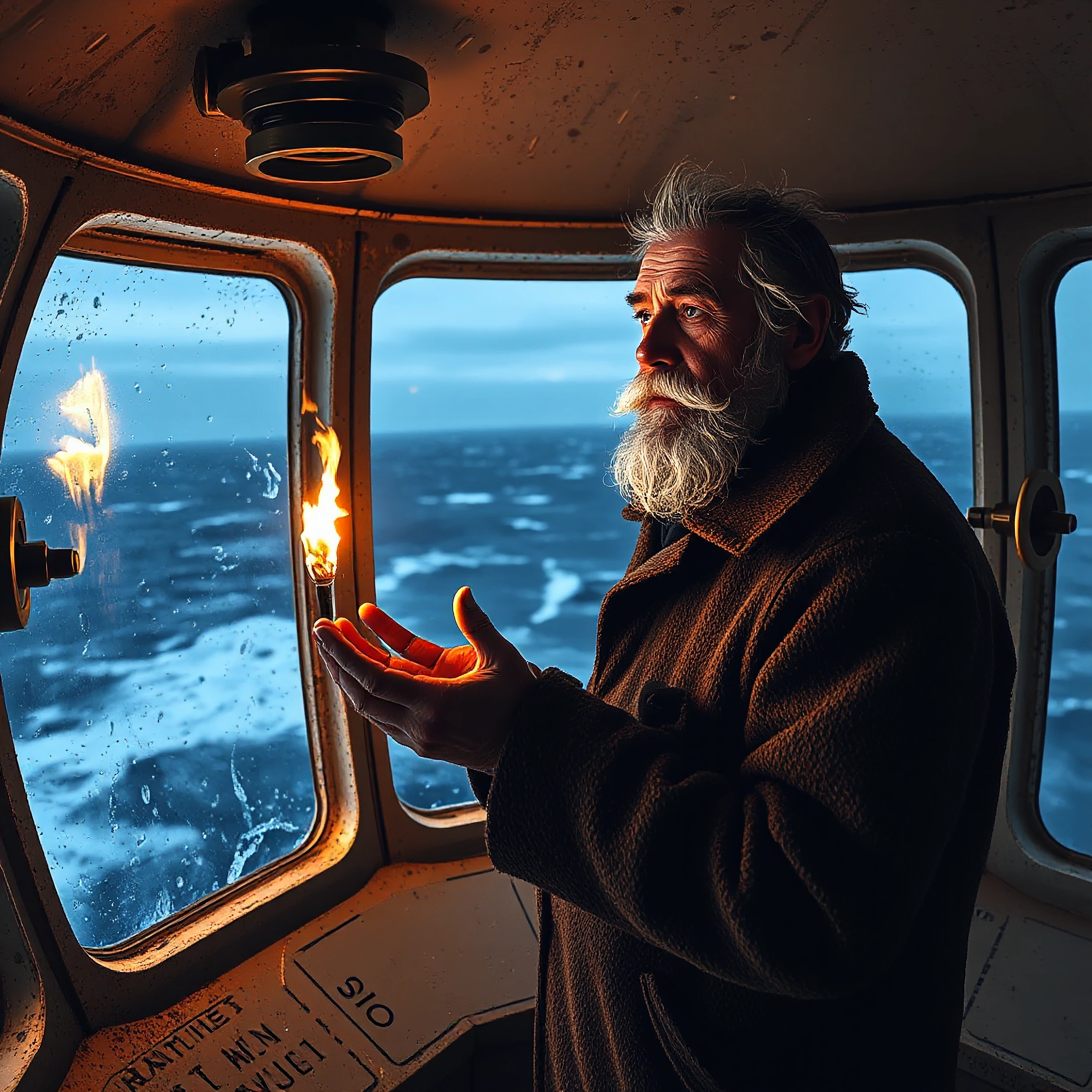 A weathered lighthouse keeper with salt-crusted beard and worn oilskin coat stands in the circular glass chamber of an ancient lighthouse, his aged ha