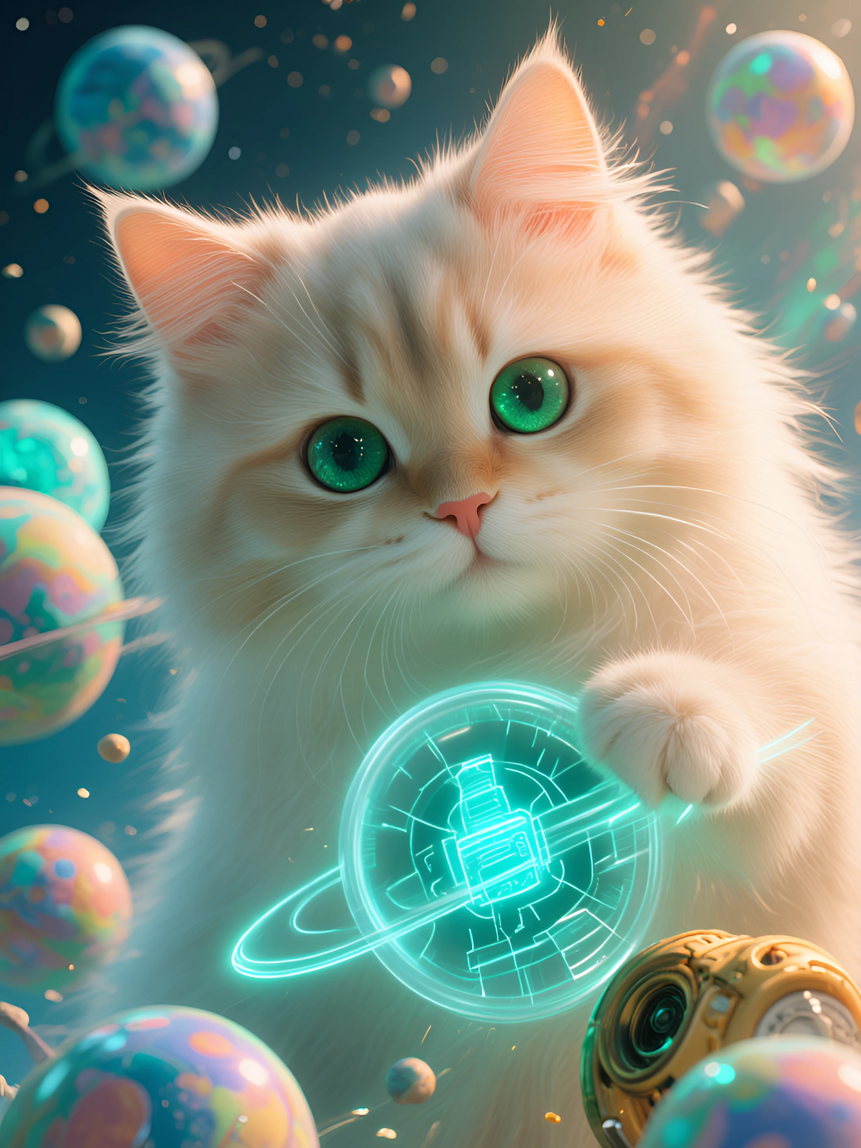 Beautiful fluffy kitten with a Kawaii robot, pastel alien planet with aliens in the background. Close-up on the kitten.