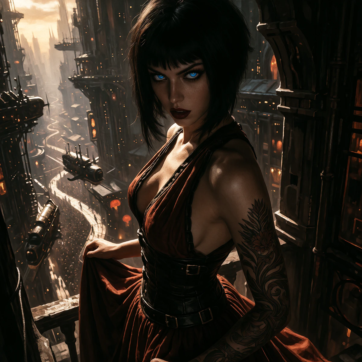 A cinematic, photorealistic medium shot of a woman with an intense, deep gaze, glancing over her shoulder. She has a short, dark, sharply defined bob 