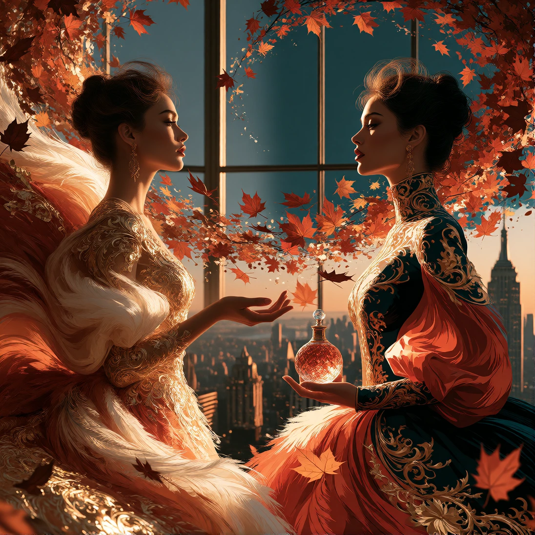 Split-screen diptych: two identical women in sharp profile, facing each other across a central vortex of swirling autumn leaves. Woman with defined cheekbones, crimson lipstick, sleek volumetric updo stands backlit by golden hour light streaming thro