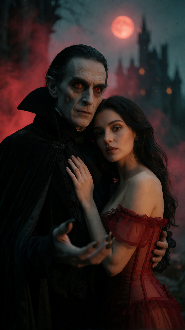 A seductive, dangerously alluring Nosferatu count with sharp cheekbones, pale porcelain skin, and piercing crimson eyes. He wears an open, high-collar
