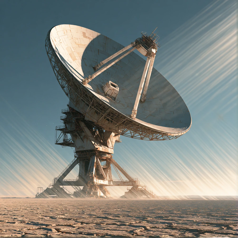 Satellite cyberpunk dish on infinite salt flats under noon sun, Makoto Shinkai atmospheric perspective with volumetric light rays cutting through heat haze, celshaded parabolic geometry catching knifeedge glare, desiccated earth cracks in foreground 