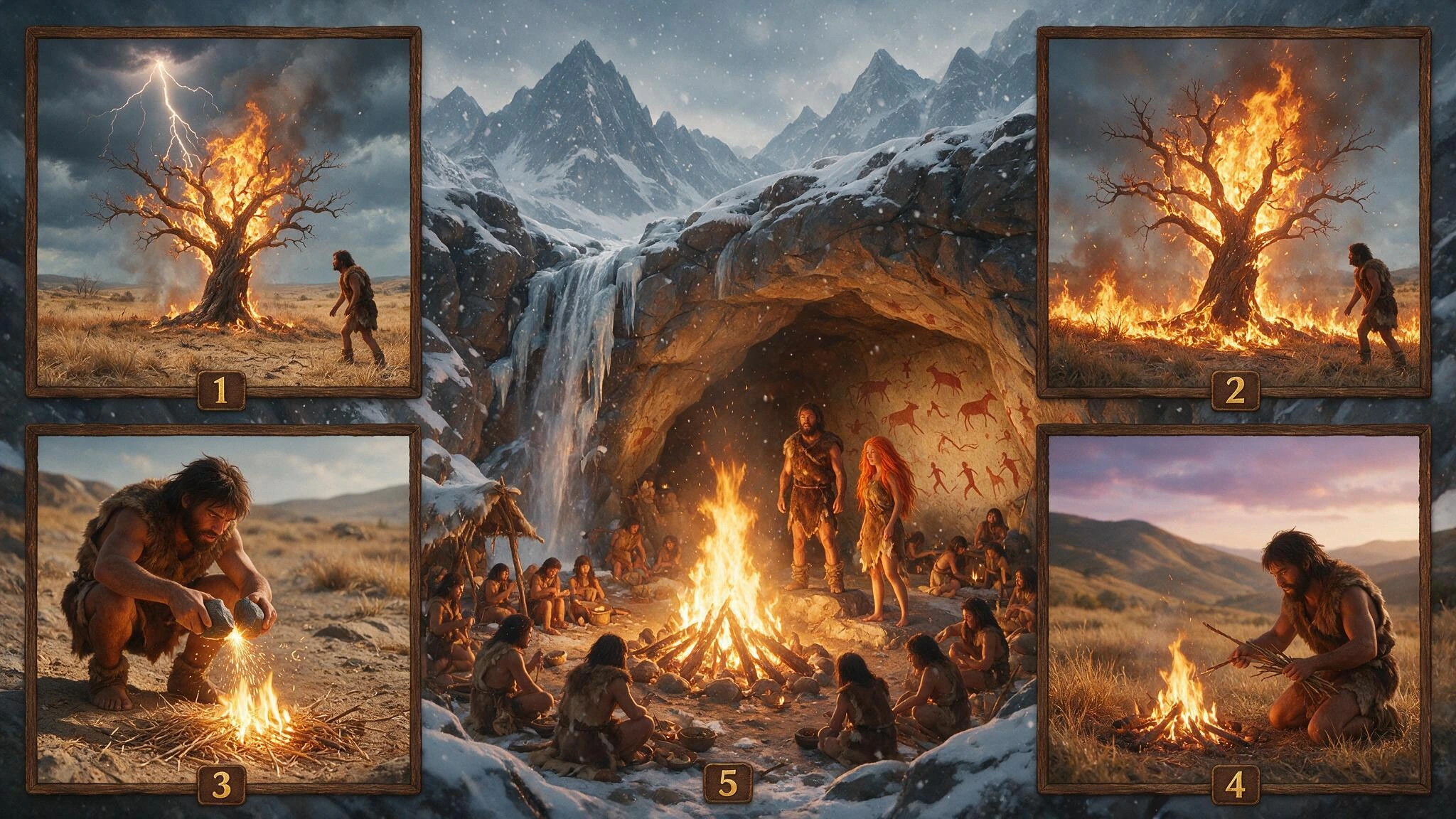 First Fire; a series of 5 images, 4 inset one in each corner and a central image that doubles as the background. The images tell the story of fire and the creation of a king. First Fire; Montage of Prehistoric Man; 1-4 are inset in the corners and nu
