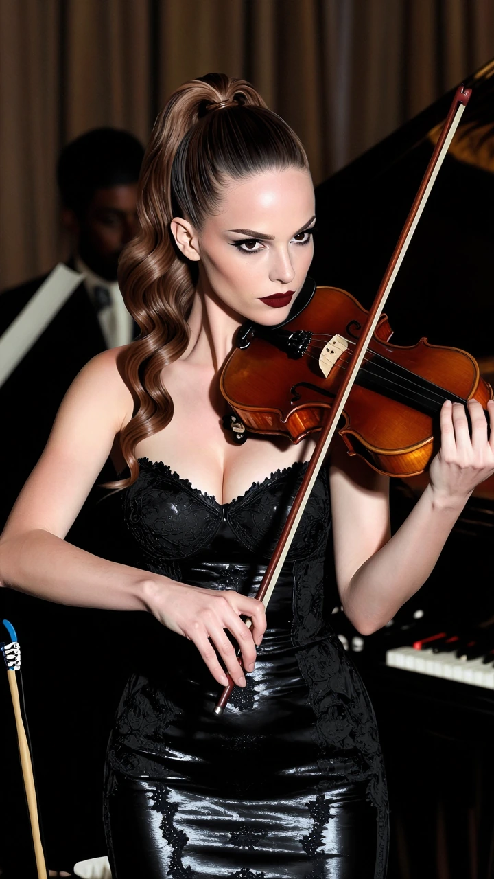 a highly detailed digital illustration depicting a woman playing an instrument, the woman is of caucasian descent with fair skin and long, wavy brown hair tied in a high ponytail. She has a serious, intense expression, with dark eyes and full lips pa