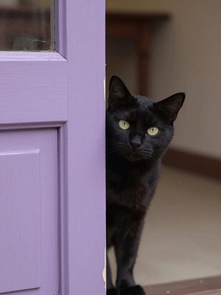 Black cat peeks at you from around a lavender shabby chic door. Cute amateur photo