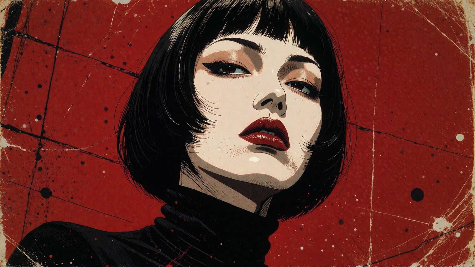 16:9 keyframe, high-grade illustration mixed with raw hand-drawn animation, bold imperfect black lines, avant-garde style locked 1:1 to the provided sref Theme: “love is dumb” A wide cinematic close-up portrait of a woman with porcelain-pale skin and