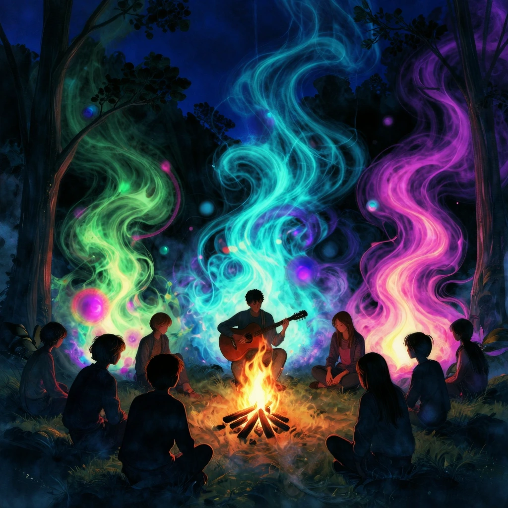 Silhouetted teens around campfire in forest clearing, acoustic guitar player center, impossible color-shifting flames—violets bleeding into electric cyans, magenta smoke with iridescent shimmer, bioluminescent amber cores, prismatic light halos, figu