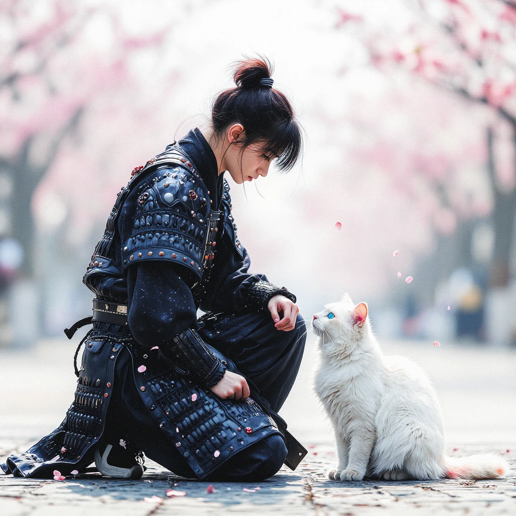 A warrior in traditional armor kneels beside a white cat with heterochromatic eyes, cherry blossoms swirling around them in ethereal watercolor