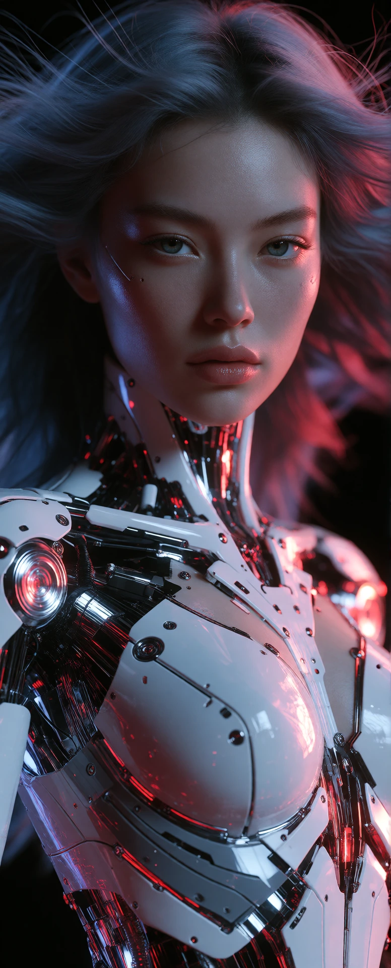 Create an ultra-realistic, full-body design of a stunning futuristic female cyborg, merging human and robotic aesthetics. Focus on intricate, captivat