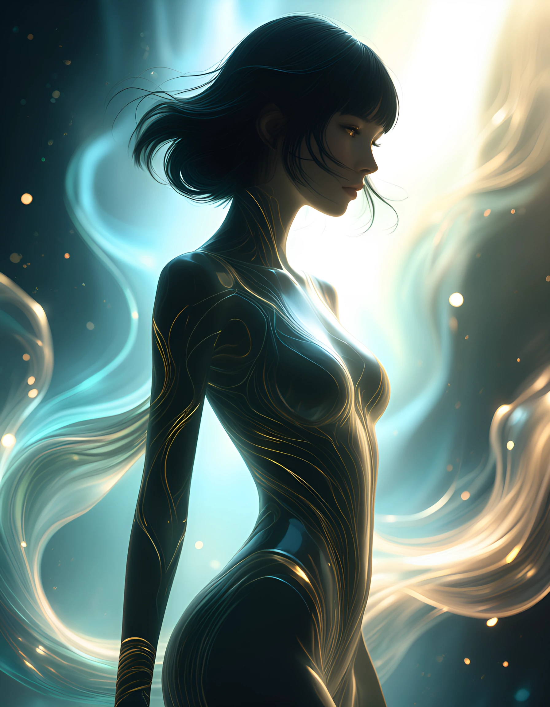 { "visual_elements": { "atmosphere": { "mood": "mysterious and alluring", "style": "sleek and modern" }, "background": { "colors": [ "dark blue", "light blue", "white" ], "features": "swirling patterns suggesting depth and motion", "lighting": { "eff