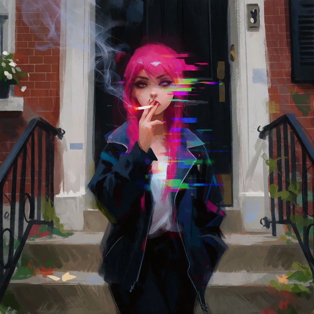 Glitch woman smoking a cig near building steps
