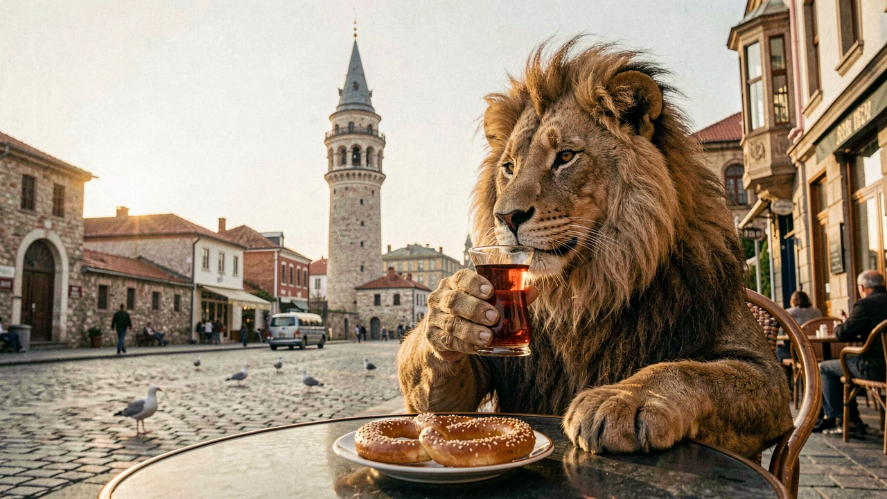 A serene scene: an anthropomorphic lion-man sits at an outdoor café in Istanbul, sipping a glass of traditional Turkish tea while admiring the Galata 