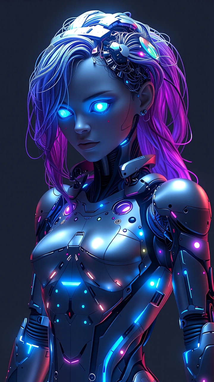 "Aetheria possesses a breathtaking synthesis of biological grace and advanced cybernetic engineering. Her overall silhouette is lean, powerful, and elegantly sculpted. ⢠Organic Integration: Her skin retains the hyper-realistic texture of human flesh