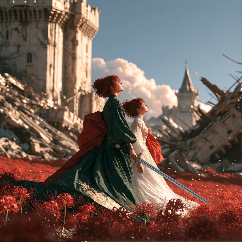 rella, redjuice, wlop, quasarcake, 1girl, red eyes, two-tone eyes, hair over one eye, long hair, green hair, green dress, white dress, bare shoulders, red sleeves, nail polish, medium breasts, standing, looking up, sword, weapon, holding sword, blood