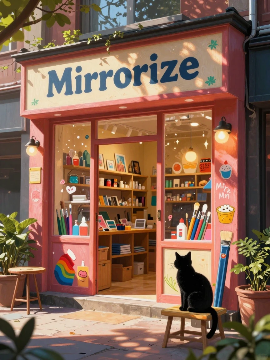An art store called “Mirrorize” with paintbrush and other kawaii art designs painted on it. A black cat is on a table in front of it.