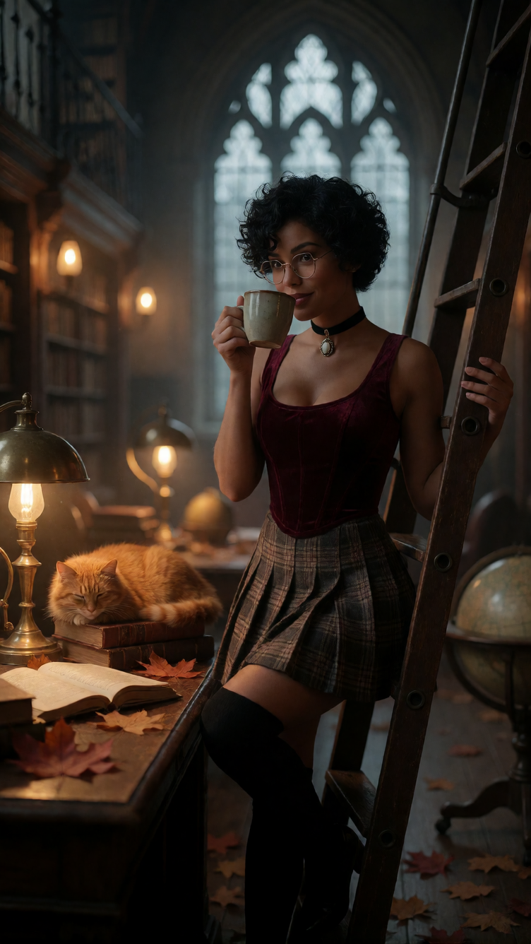 Ultra-detailed, hyper-realistic editorial portrait of a sensual adult woman perched on a rolling ladder in a grand old library, wearing a burgundy velvet corset top, plaid pleated skirt, thigh-high socks, cameo choker, and reading glasses. Short curl