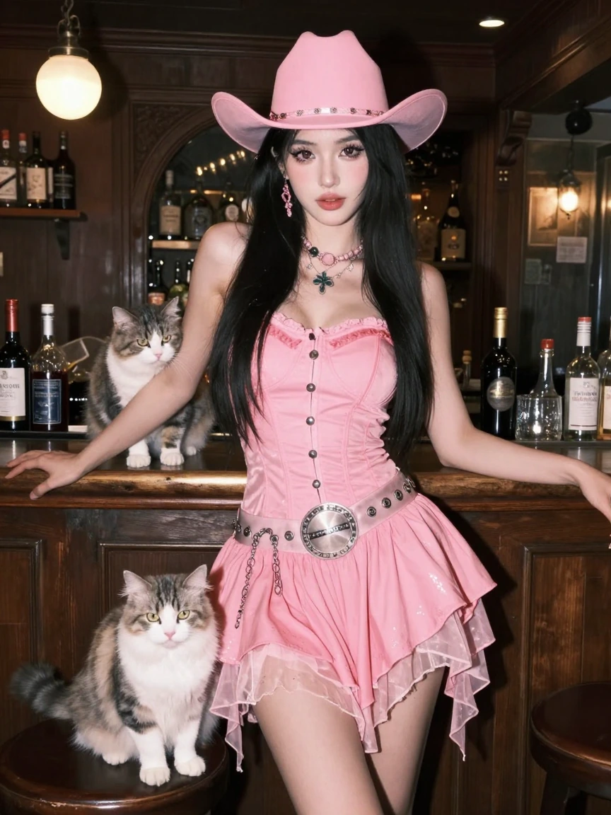 Pink cowgirl in pink, tall woman and pink cowgirl dress in an bar. Beautiful other worldly scenery. Sheβs with a cat make it crazy.