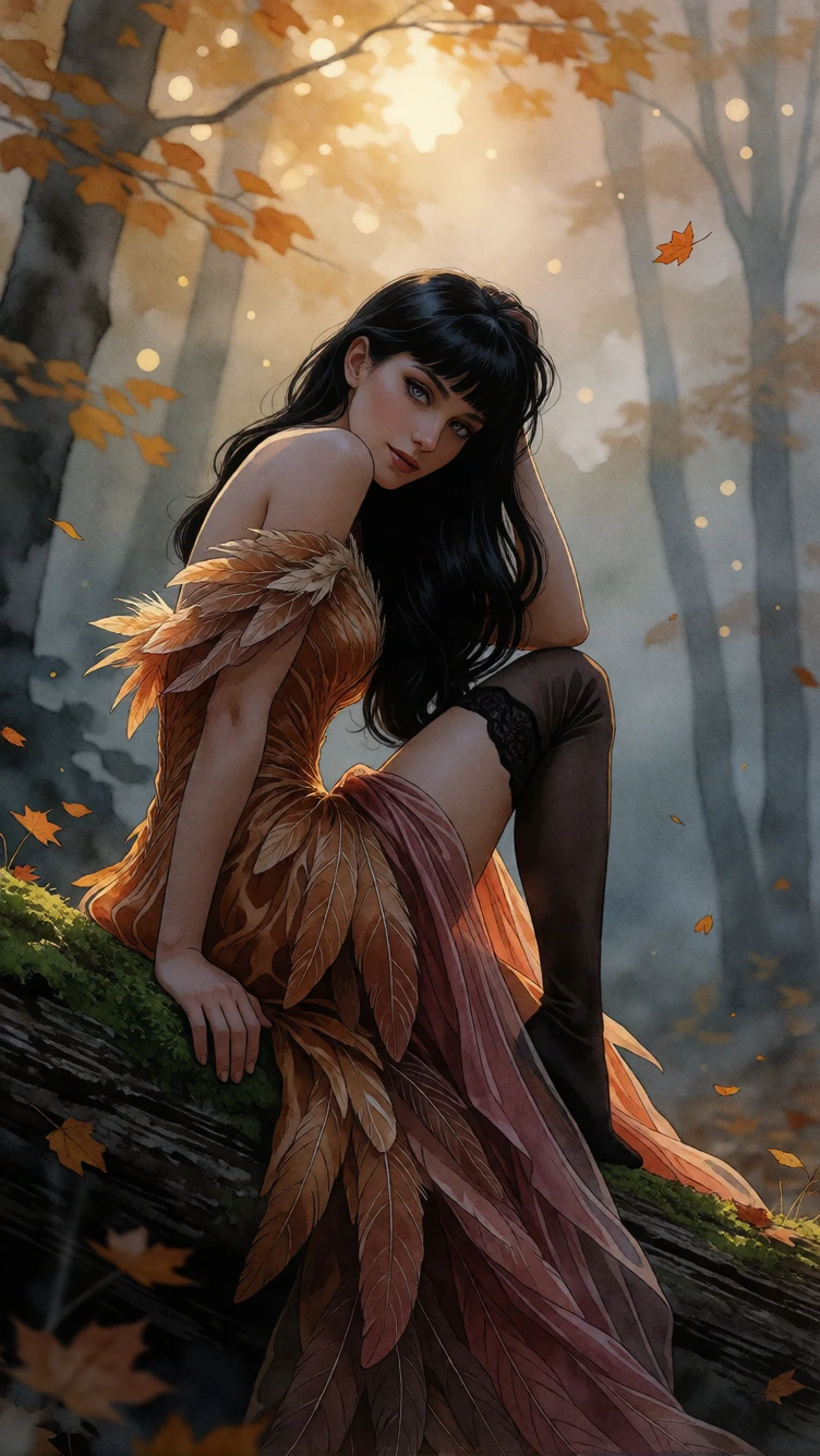 Cinematic watercolor illustration, sharp line art. 1girl, solo, petite mature adult woman (25+), large chests, sideboobe, cleavagee, curvy, voluptuous. Seductivee smile, blush, violet and ember eyes, sparkling, looking at viewer over shoulder. Black