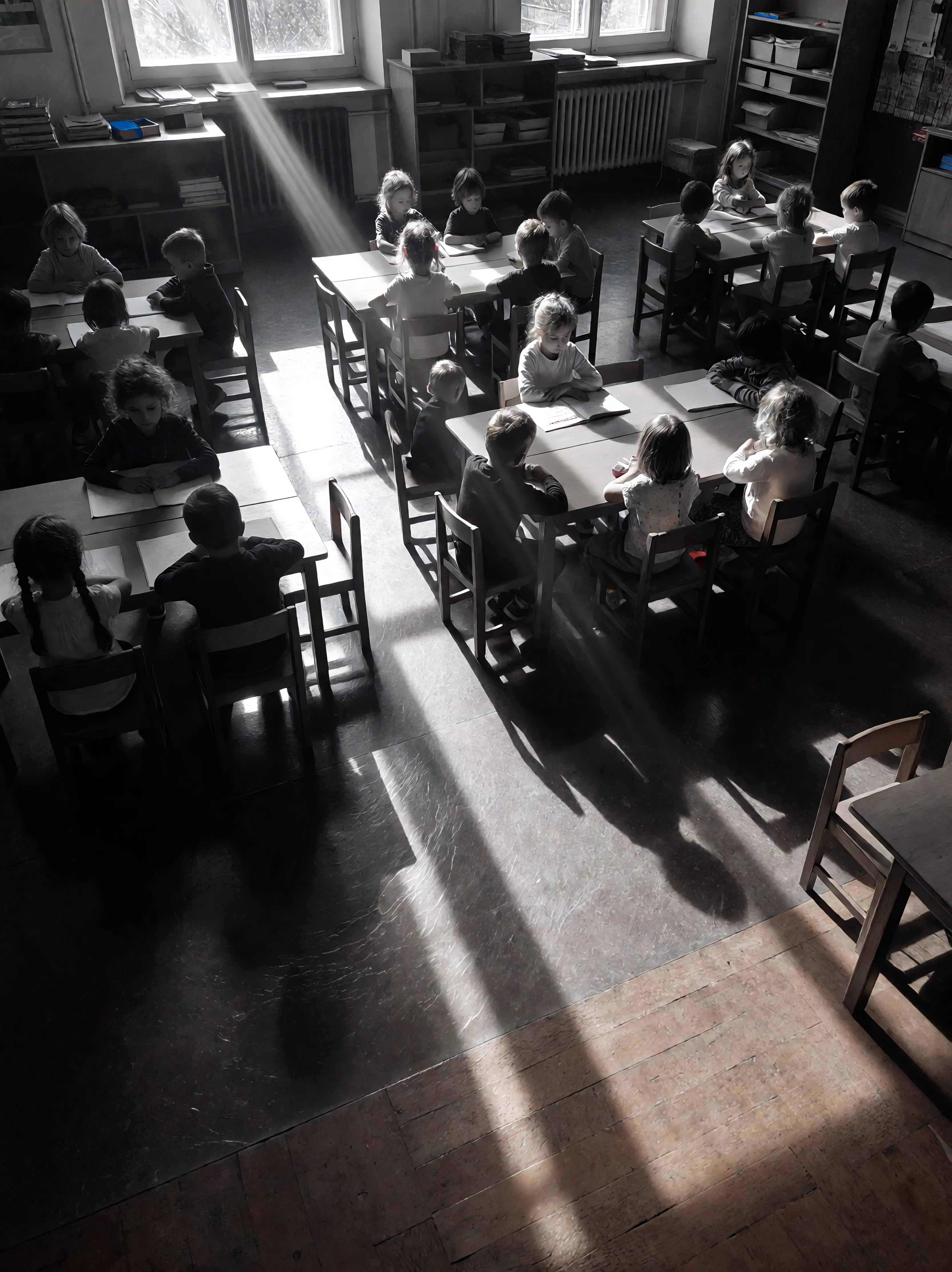 beautiful photography of world of kindergarten class, quiet mood and sophistication, black and white photography, extreme contrast, dynamic range, high angle view
