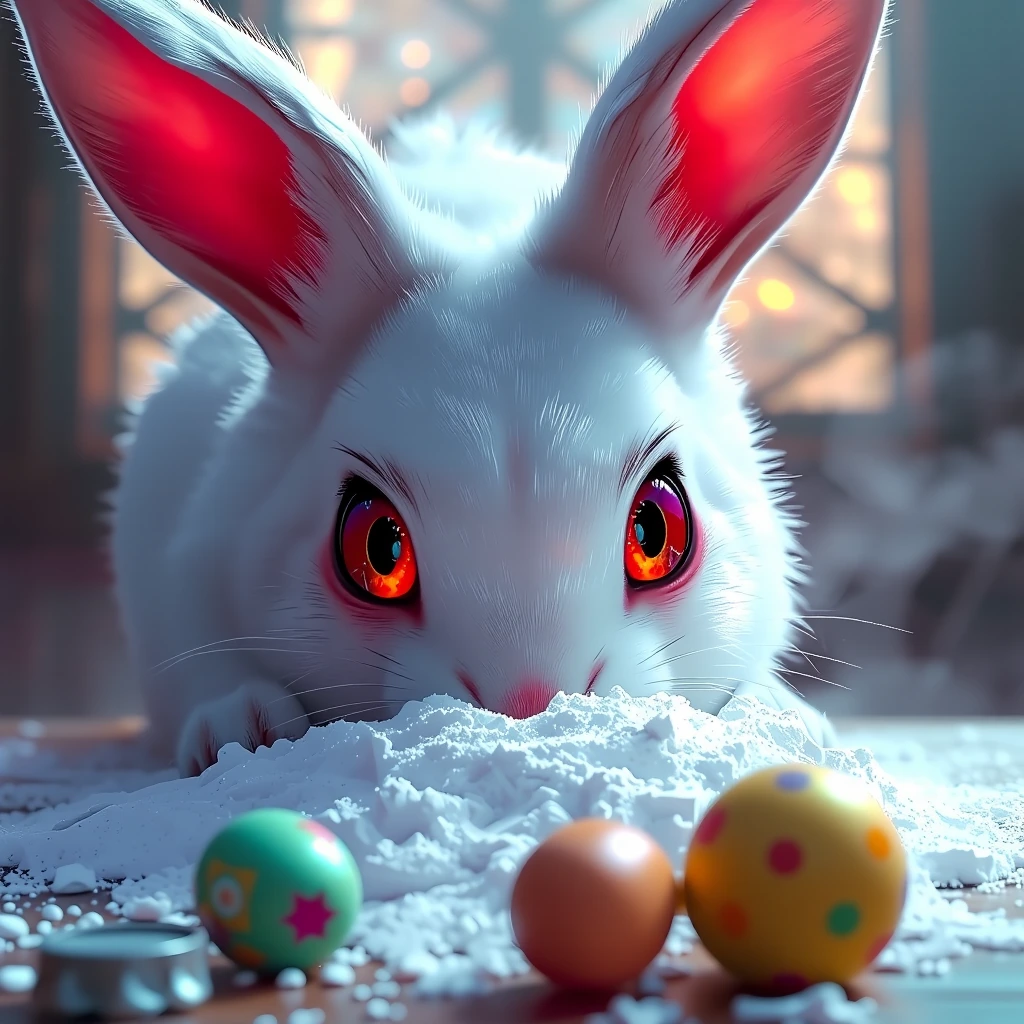 easter bunny putting his head down on a table with a lot of clear white powder. sniffing the powder and with super huge wide open red eyes (like in anime). next to him color eastern eggs