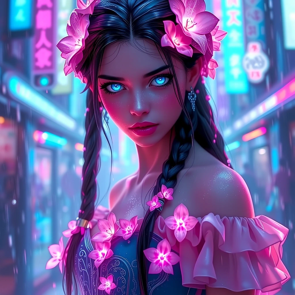 Ethereal girl with luminous blue eyes, long dark pink braids adorned with glowing flowers, off-shoulder ruffled dress, sapphire corset with silver lacing, delicate pink flowers blooming on skin, graceful pose, soft volumetric lighting, dreamy pastel 