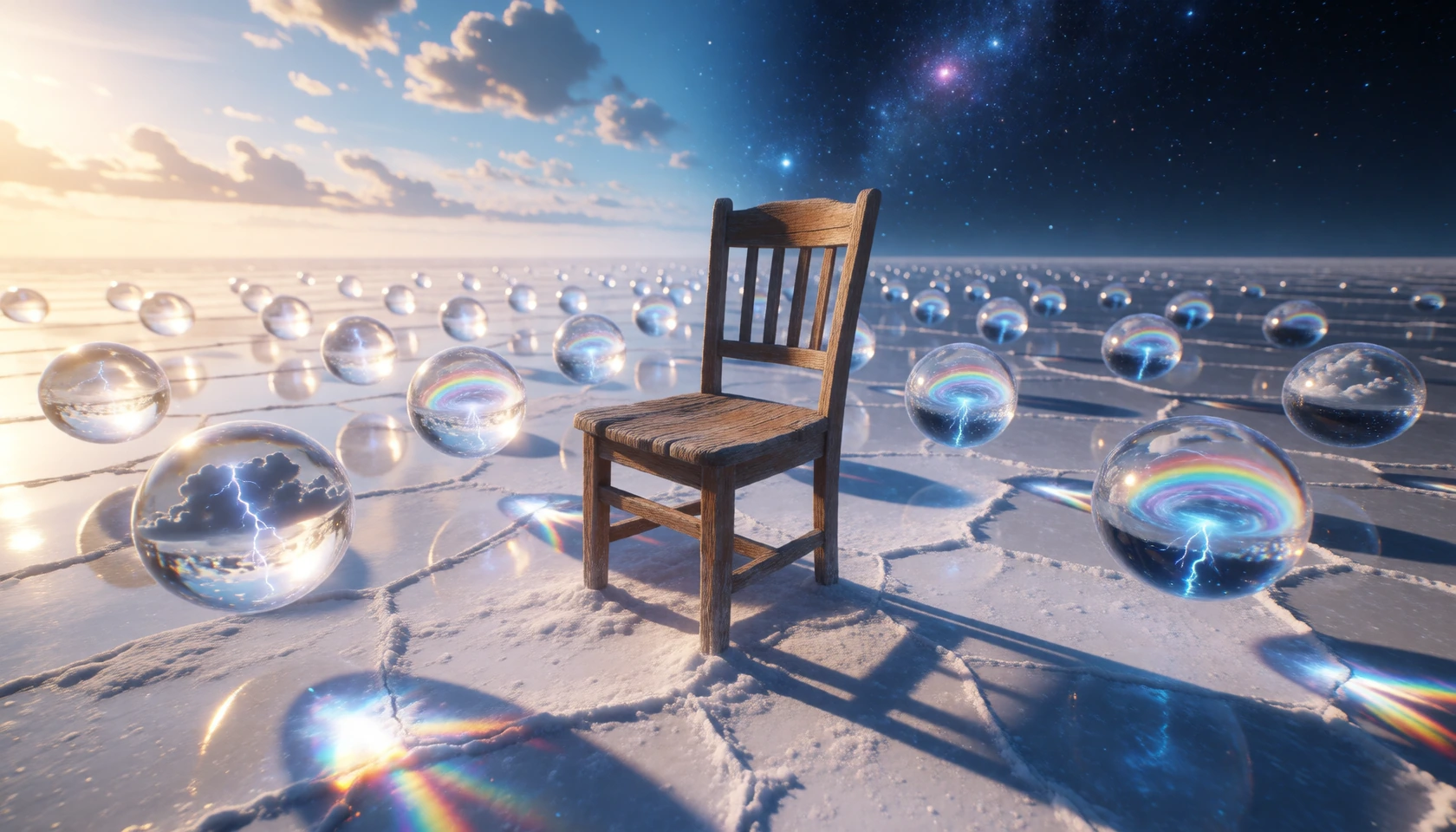 Create a surreal, otherworldly photograph capturing a moment so bizarre and unprecedented it stops viewers mid-scroll, questioning if this reality has ever existed before. Imagine a vast salt flat stretching to the horizon, its cracked white surface