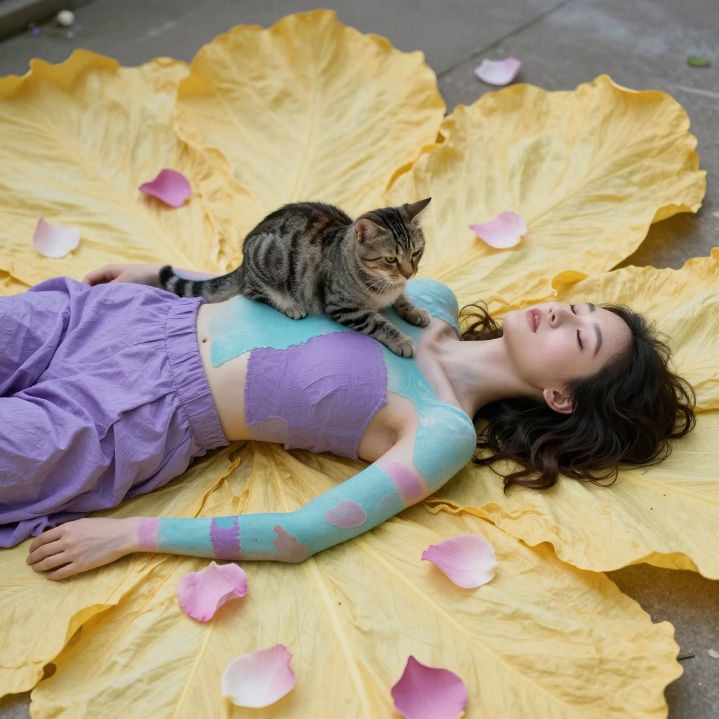 Wide shot of a woman with patchwork skin in purple and aqua tones lying among giant yellow-pink petals with a striped cat resting on her chest, soft fantasy lighting