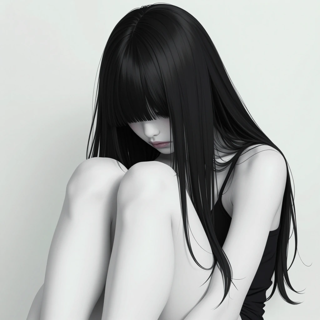 (Television background, sadako, grey skin, white pale skin, black long hair, hair over eyes, knees up), UHD, 8k, F2.5, soft lighting, amazing shading,