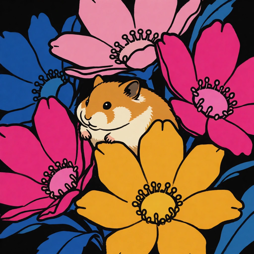 A chubby hamster nestled deep within oversized wildflowers rendered in bold flat color fields separated by thick black ink outlines, Art Deco poster style, the hamster's small round body peeking out from between flower petals in warm ochre and cream,