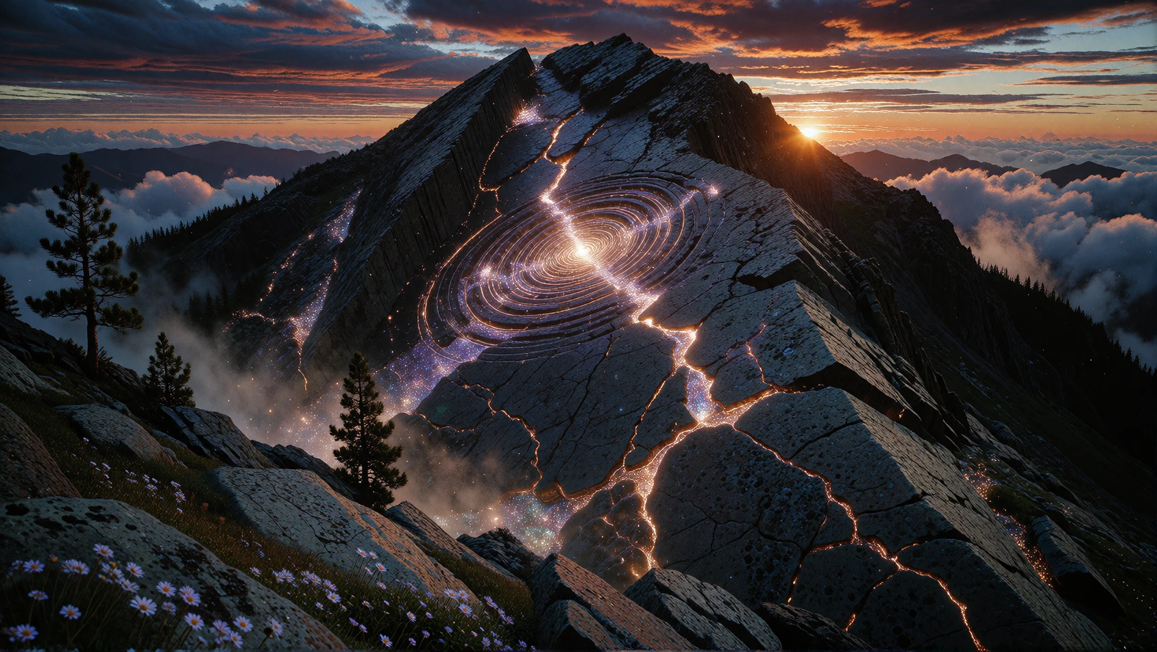 Capture a colossal solitary mountain at dusk, its granite face resonating with a low, visible hum—faint concentric ripples of golden-violet light pulsing outward from fissures in the rock like sound made visible. The sky burns in layered bands of dee