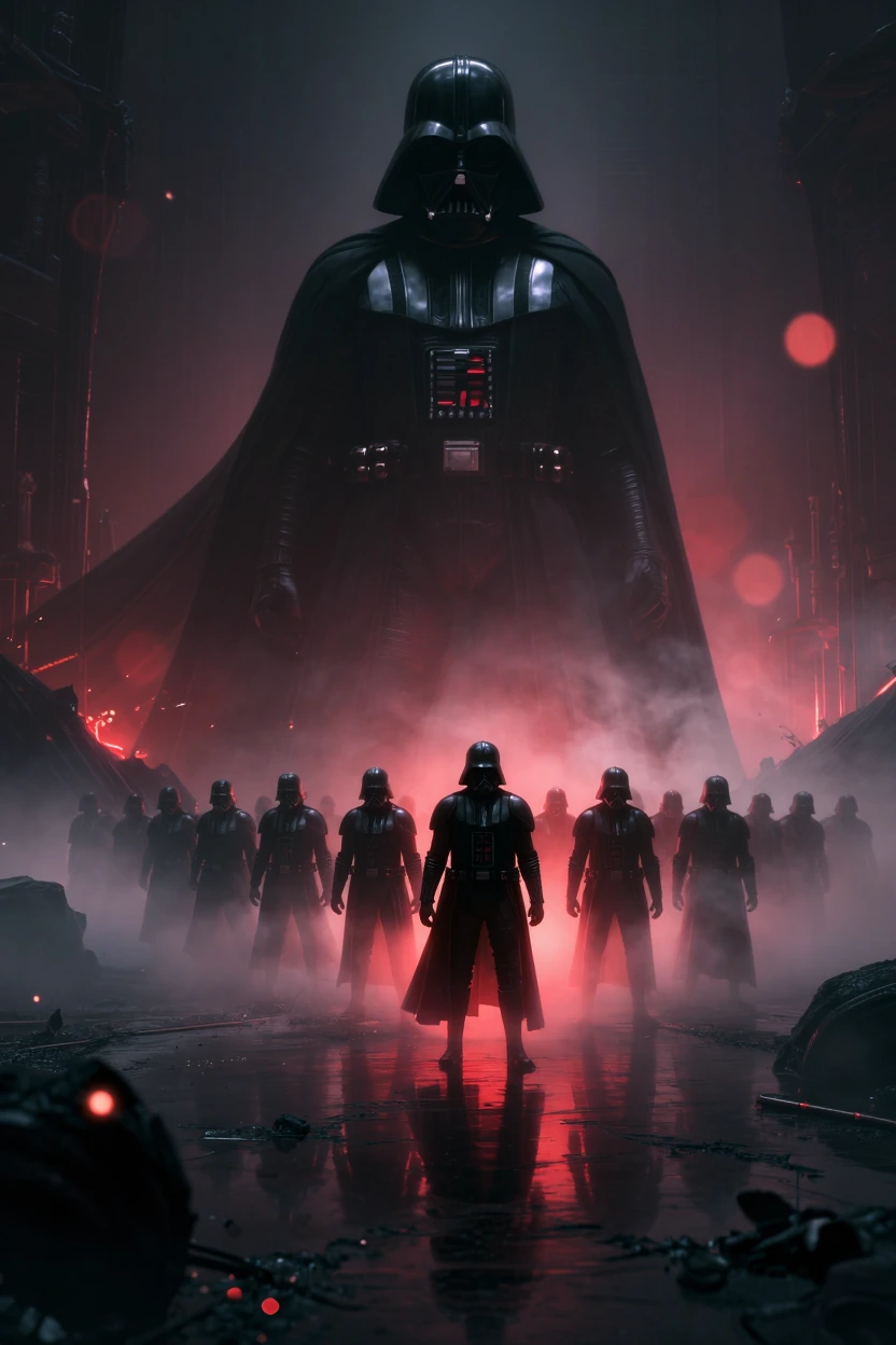 Dark troopers with a double exposure with Darth Vader: Legions of dark armored troopers emerging through smoke and embers in a ruined sci-fi battlefie