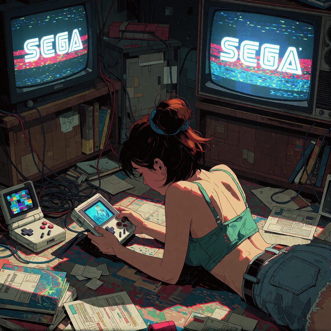 "VHS glitch" artstyle, the scene opens in a top down view with a woman laying on her stomach is playing with retro handheld, analog tracking errors, m