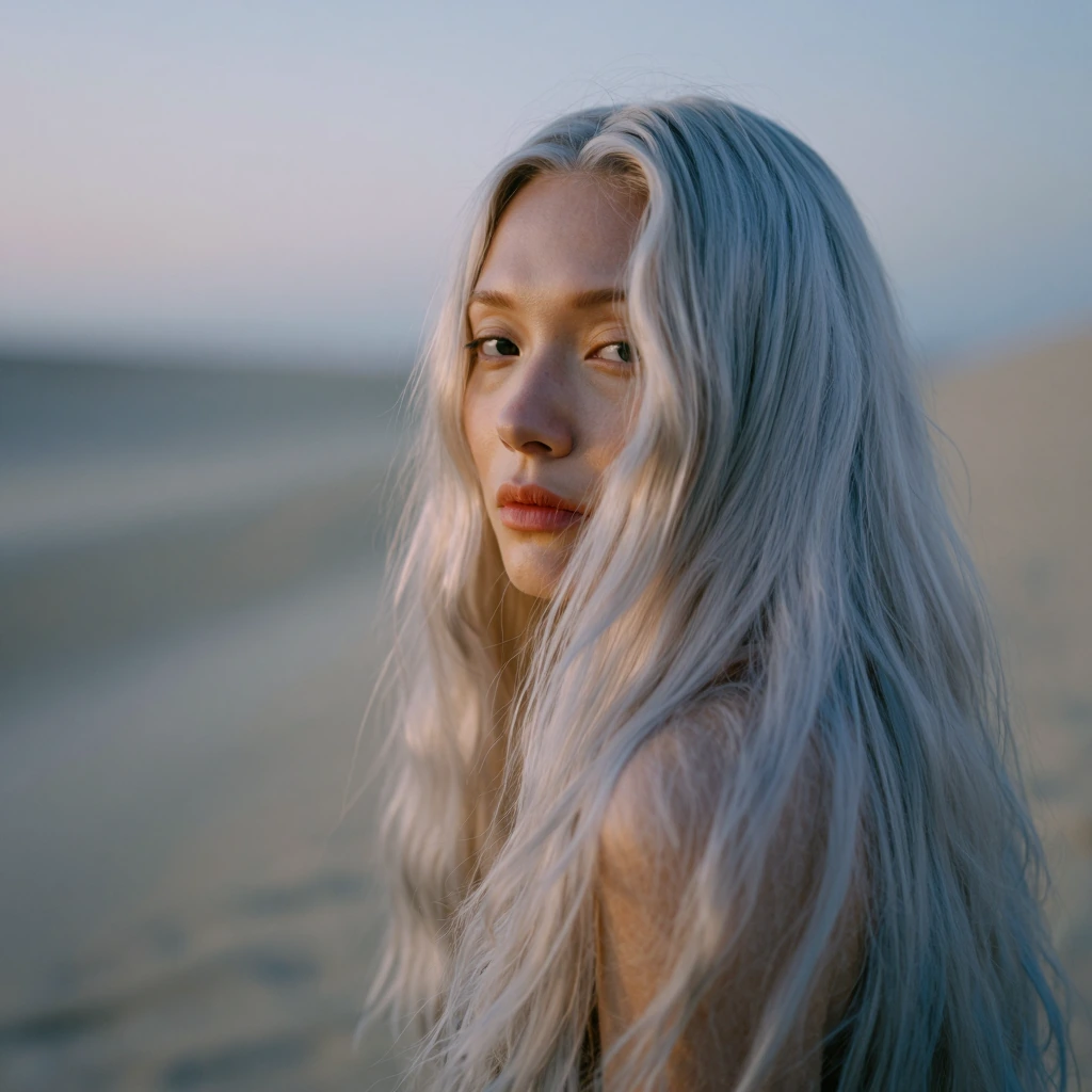 a woman with long moonstone hair catching soft silver light, pale iridescent sheen with subtle blue and lavender undertones, she's looking slightly away from camera with a calm expression, warm studio lighting on her face, soft focus background, 35mm