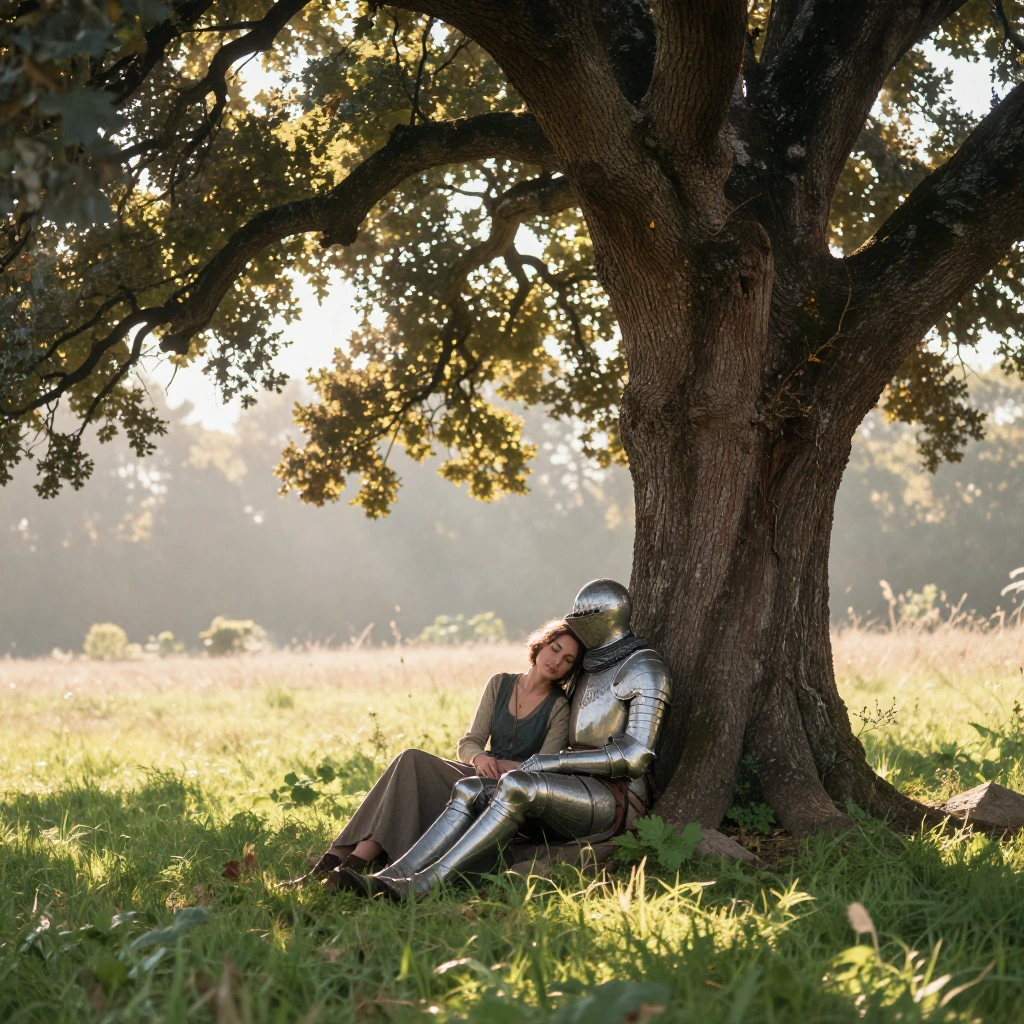 a woman and knight sitting close together against the trunk of an old oak tree in afternoon sunlight, her head near his shoulder, his armor catching warm light, grass soft around them, wide shot, golden hour, dappled shade, intimate and unhurried