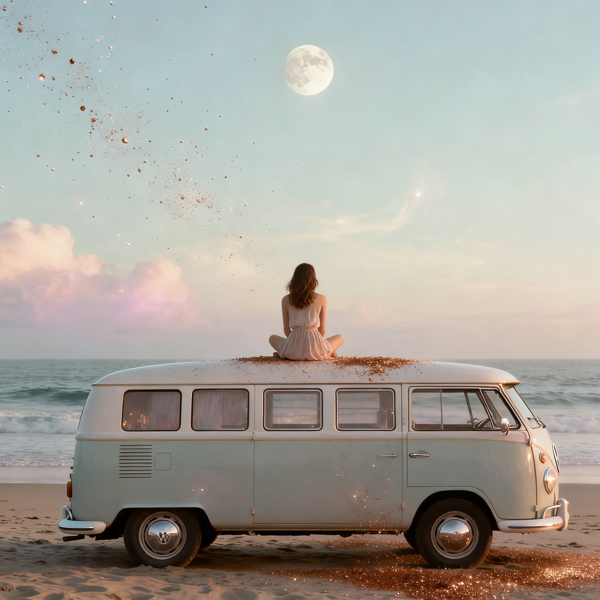 a girl sitting on top of a volkswage bus at the beach overlooking the ocean, shot from behind the moon is in the sky
