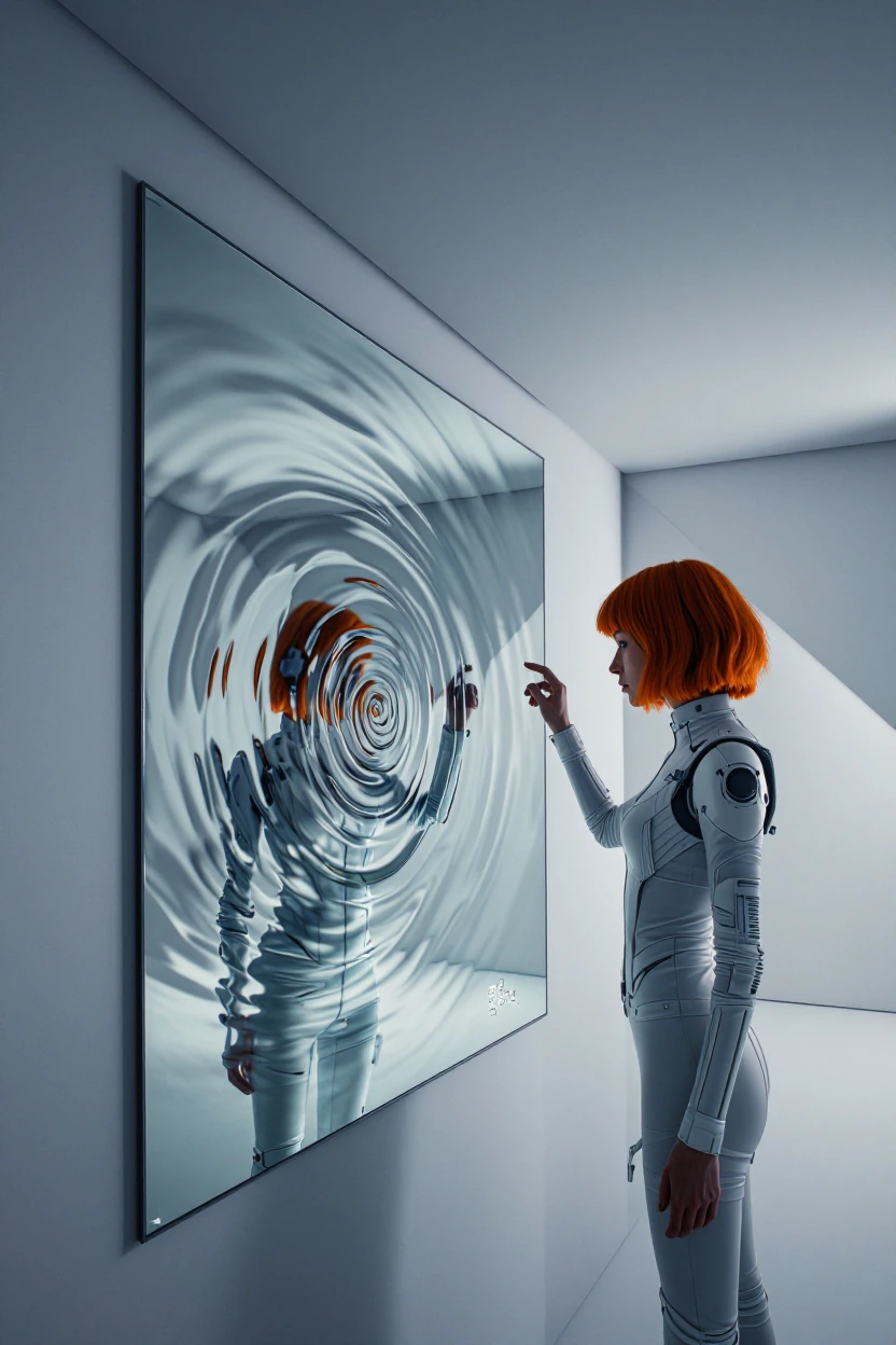 sleek minimalist room with sharp angular lines and soft cool lighting, a large mirror on the wall rippling like liquid water under a woman's fingertip