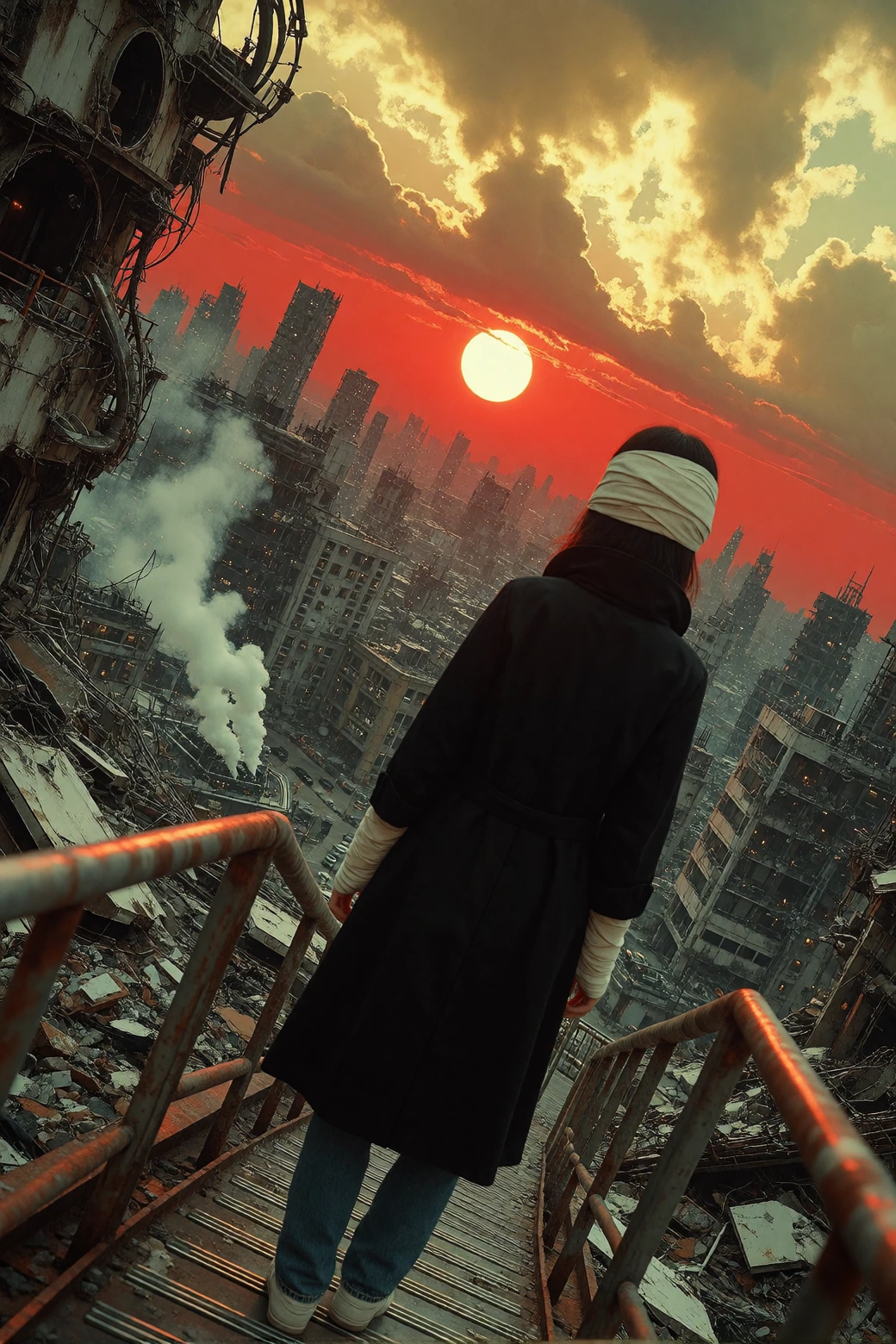 masterpiece, absurdres,realistic background, unrealistic person, city ruins, post-apocalypse, setting sun, red sky, yellow dirty clouds, sun through c