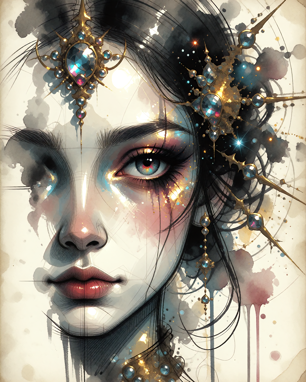 Eye-level extreme close-up of a mysterious feminine face, framed tightly so only the left half of the face is fully visible, with porcelain-pale, crackled skin texture. Her expression is solemn and enigmatic, lips softly pursed and painted vivid red,