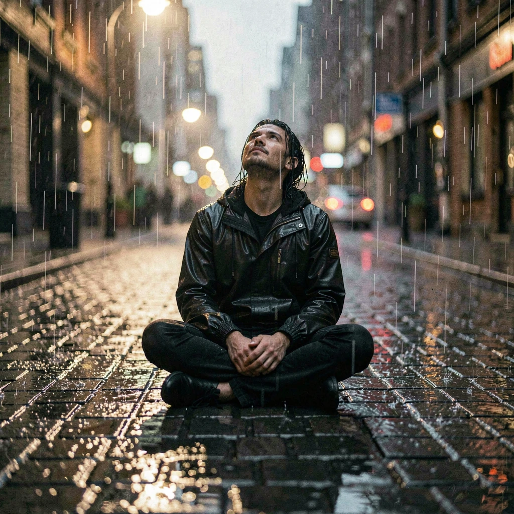 A solitary figure sits cross-legged on glistening wet cobblestones in pouring rain, silver threads of rainfall streaming down through atmospheric lighting, their face turned upward toward the sky in contemplation or reverence, dramatic mood lighting,