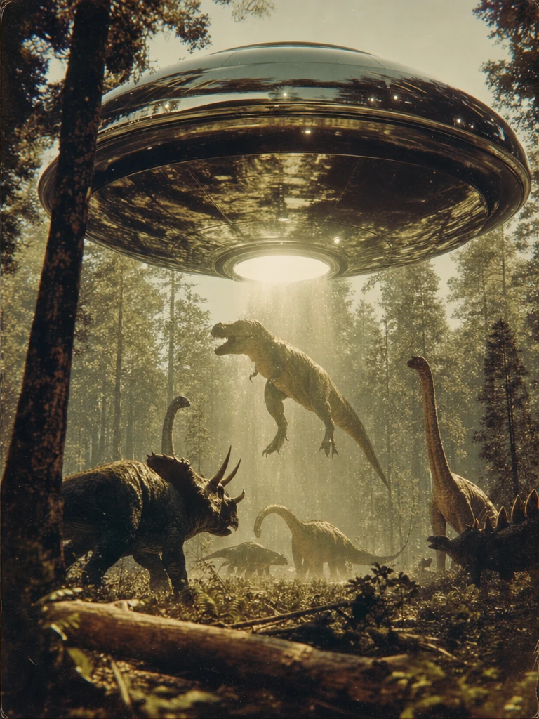 Capture a glossy obsidian-black UFO hovering silently just above an ancient forest canopy, its polished hull reflecting fractured sunlight and the emerald tops of towering pines beneath it. Show a shimmering beam of pale light descending from the cra