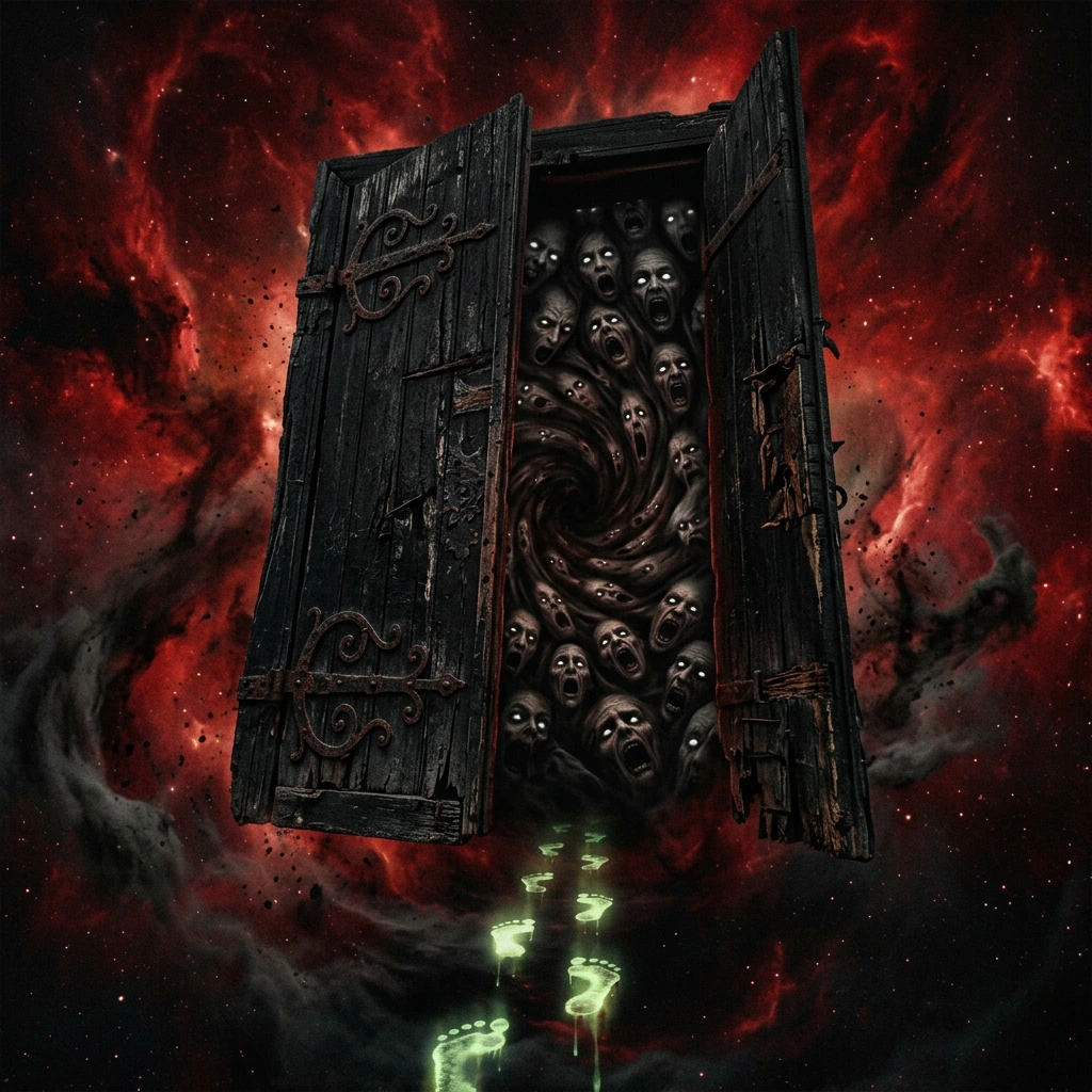 A massive, dilapidated black wooden door, floating in a cosmic void of crimson nebulae and grey ash. The door is slightly ajar, revealing not a room, but a swirling vortex of distorted, screaming human faces, their blank, white eyes staring directly