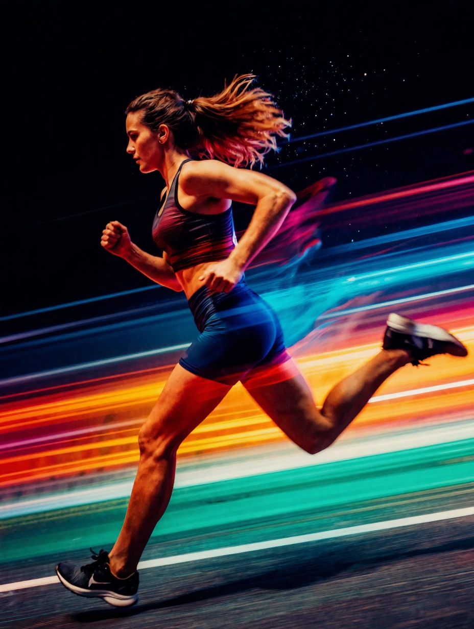 Fast-moving woman running with dynamic motion blur effect, streaking light trails, kinetic energy visualization, high-speed photography aesthetic, blu