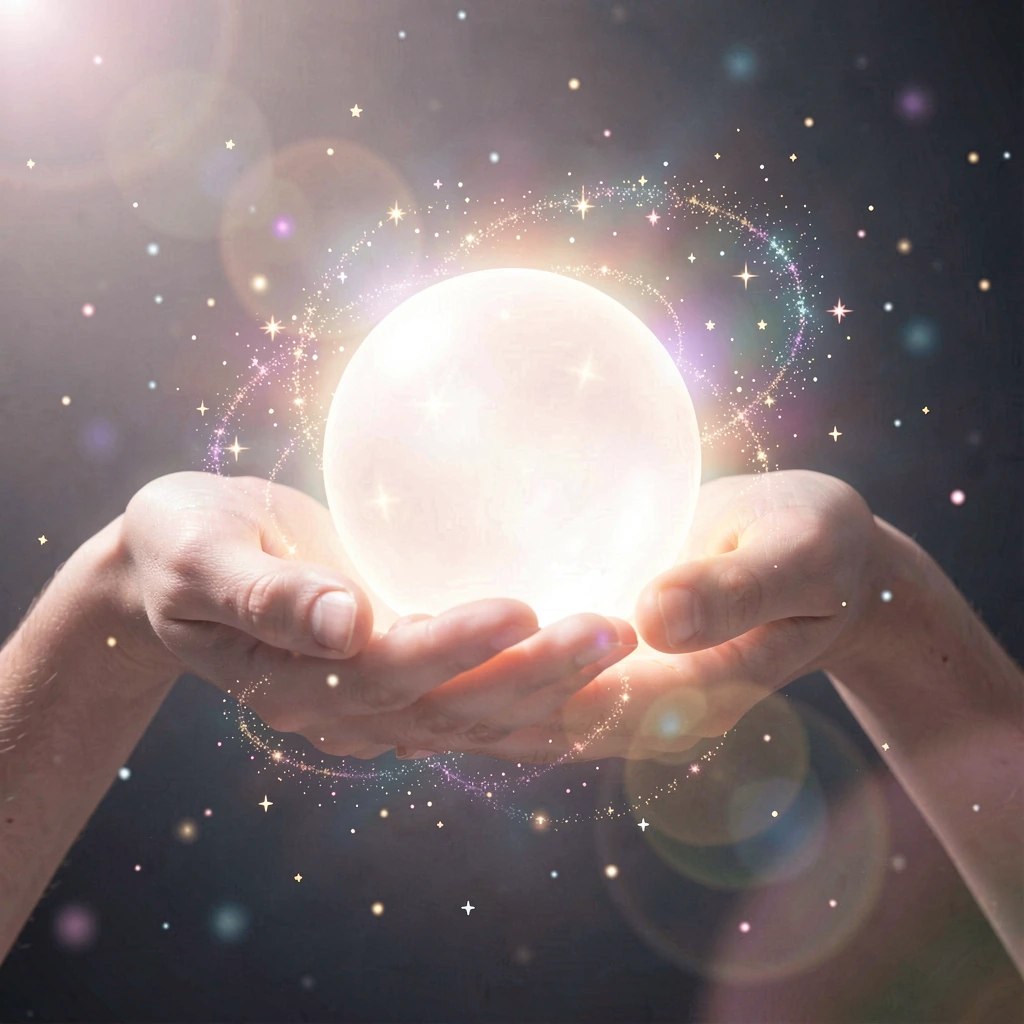 the moment before a wish becomes real - two cupped hands gently cradle a luminous sphere of pure radiant light, glowing softly with inner magic and ho