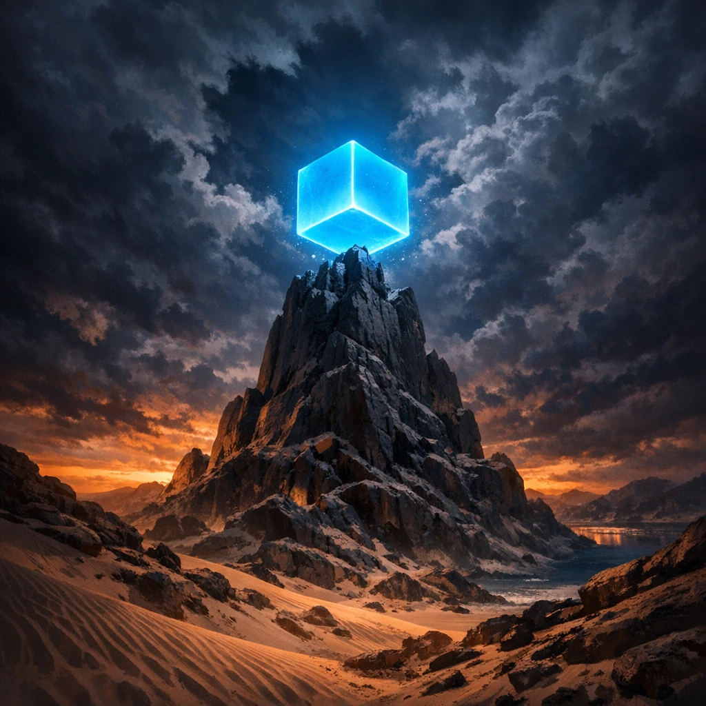 A surreal digital illustration shoot from a low angle about a surreal scene featuring a large, dark, towering rock formation in the middle of a desert landscape at night. the sky is filled with dark, ominous clouds and the horizon is illuminated by a